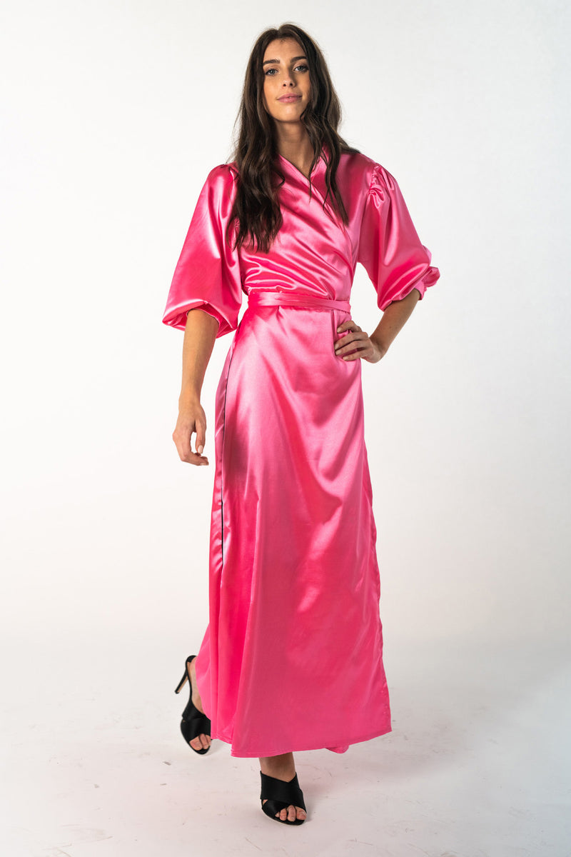 Balloon Sleeve Wrap Dress Maxi-Pink