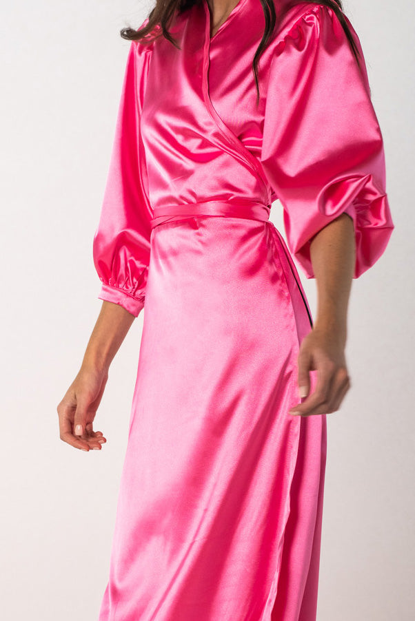 Balloon Sleeve Wrap Dress Maxi-Pink
