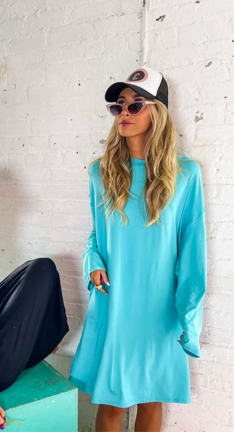 Soft Oversized T-shirt Dress- Blue Capri